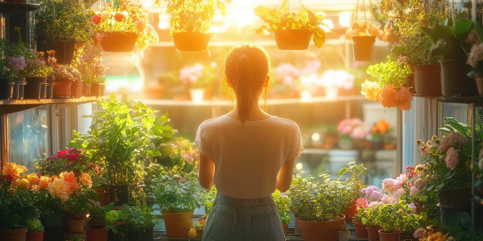 Woman enjoys colorful flowers in a bright greenhouse during golden hour in an urban garden setting